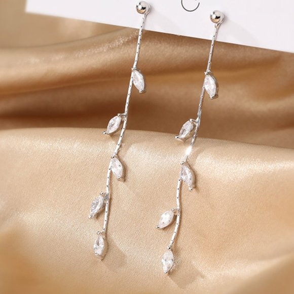 Leaflet Stem Needle Willow Cubic Zirconia Silver Drop Earrings - Picture 6 of 7